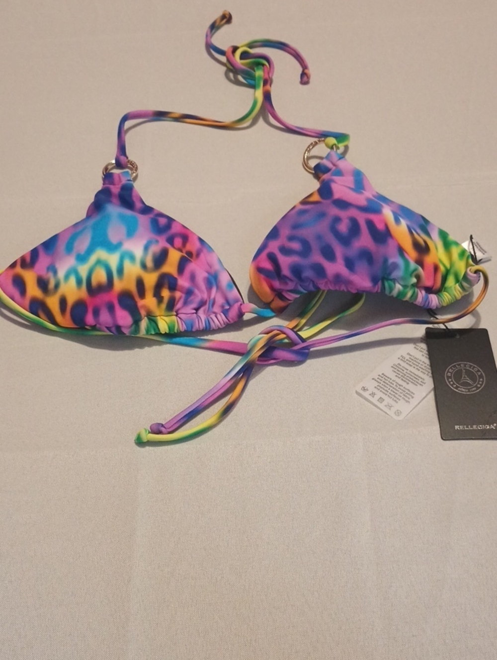 RELLECIGA Multicolor Rainbow Leopard Triangle Bikini Top with Gold Rings